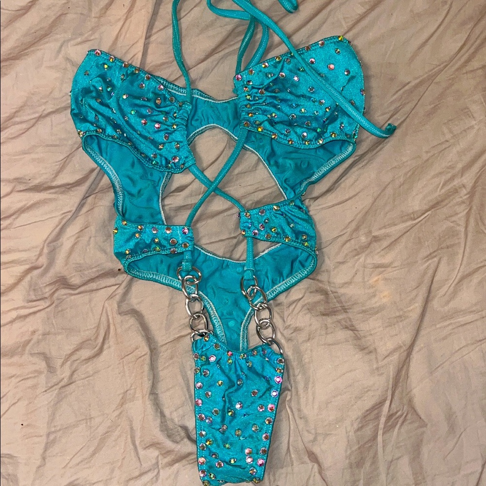 Fully blinged out rhinestone crystal exotic dancewear chain thong bodysuit